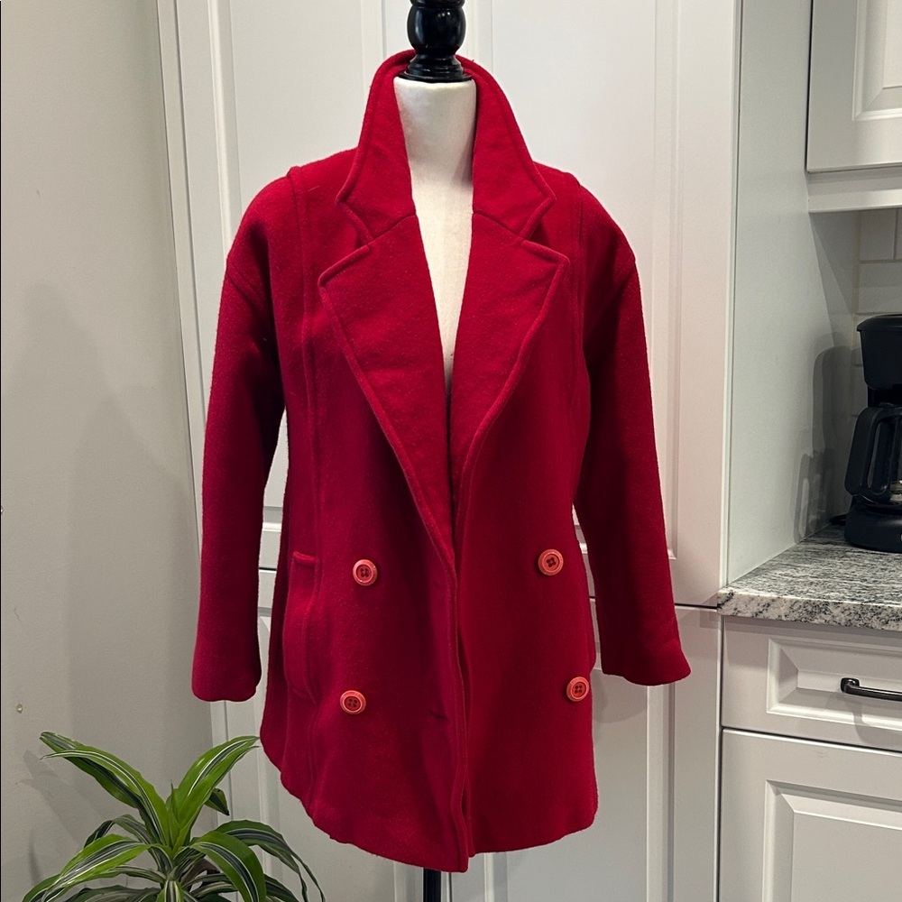 Elegant Scarlet Double-Breasted Pea Coat